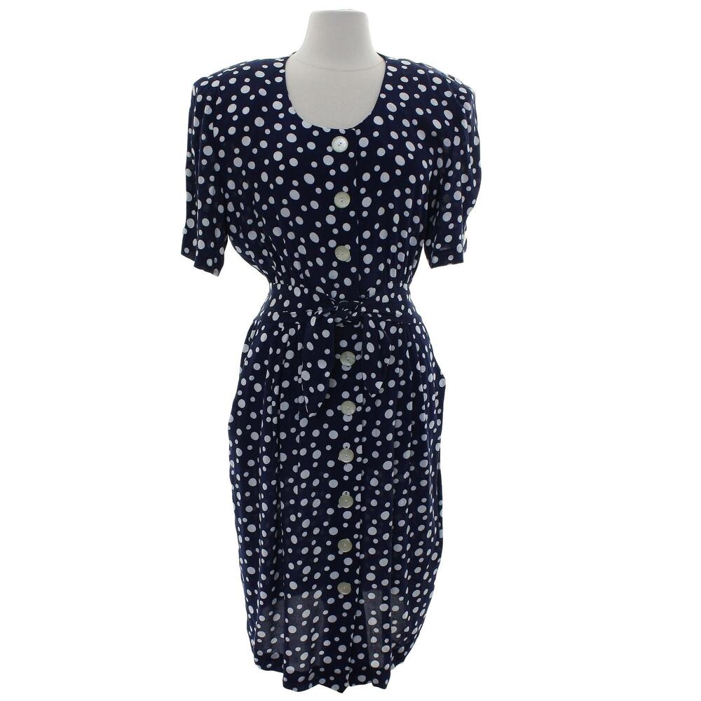 Vintage 80s Women's 14 Karin Stevens Polka Dot Rayon Dress Navy White Tie